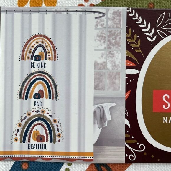 Pumpkin Party SHOWER CURTAIN Harvest Rainbow “Be Kind & Grateful” Curtain NWT - Picture 1 of 5